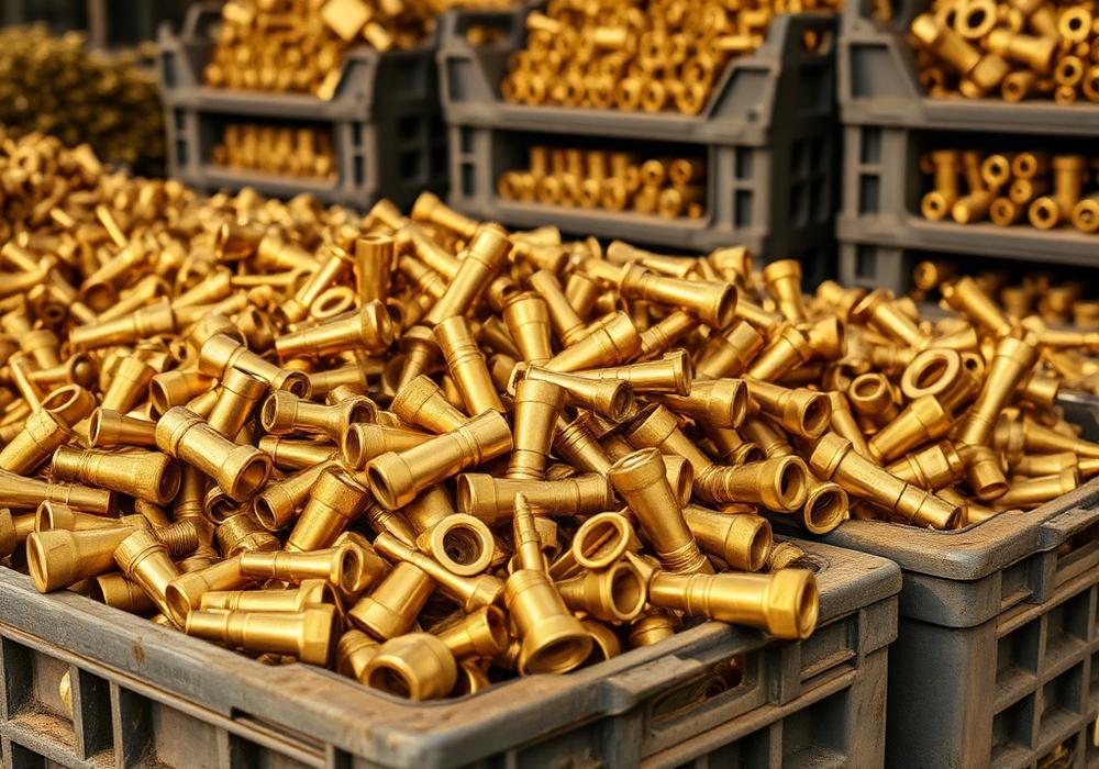 Yellow brass fittings and components collected in industrial crates